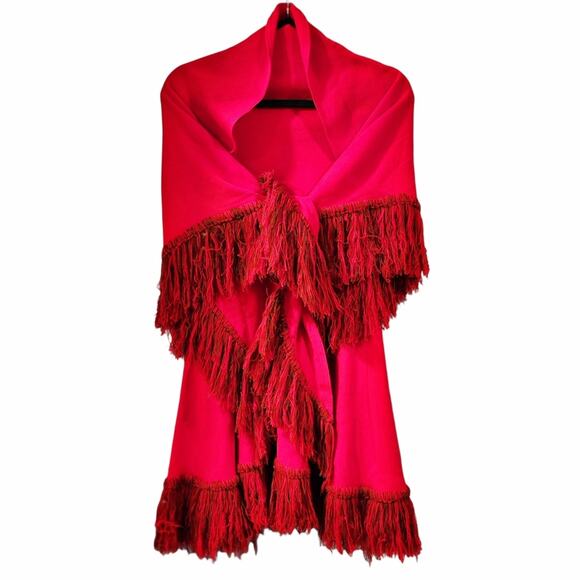 Rare Handwoven Vintage Two Piece Red Fringed Midi Skirt With Matching Shawl XS